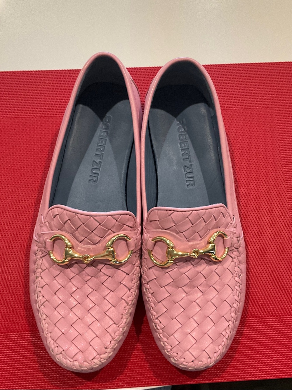 Robert Zur Pink Woven Leather Loafers with Gold Horsebit Detail
